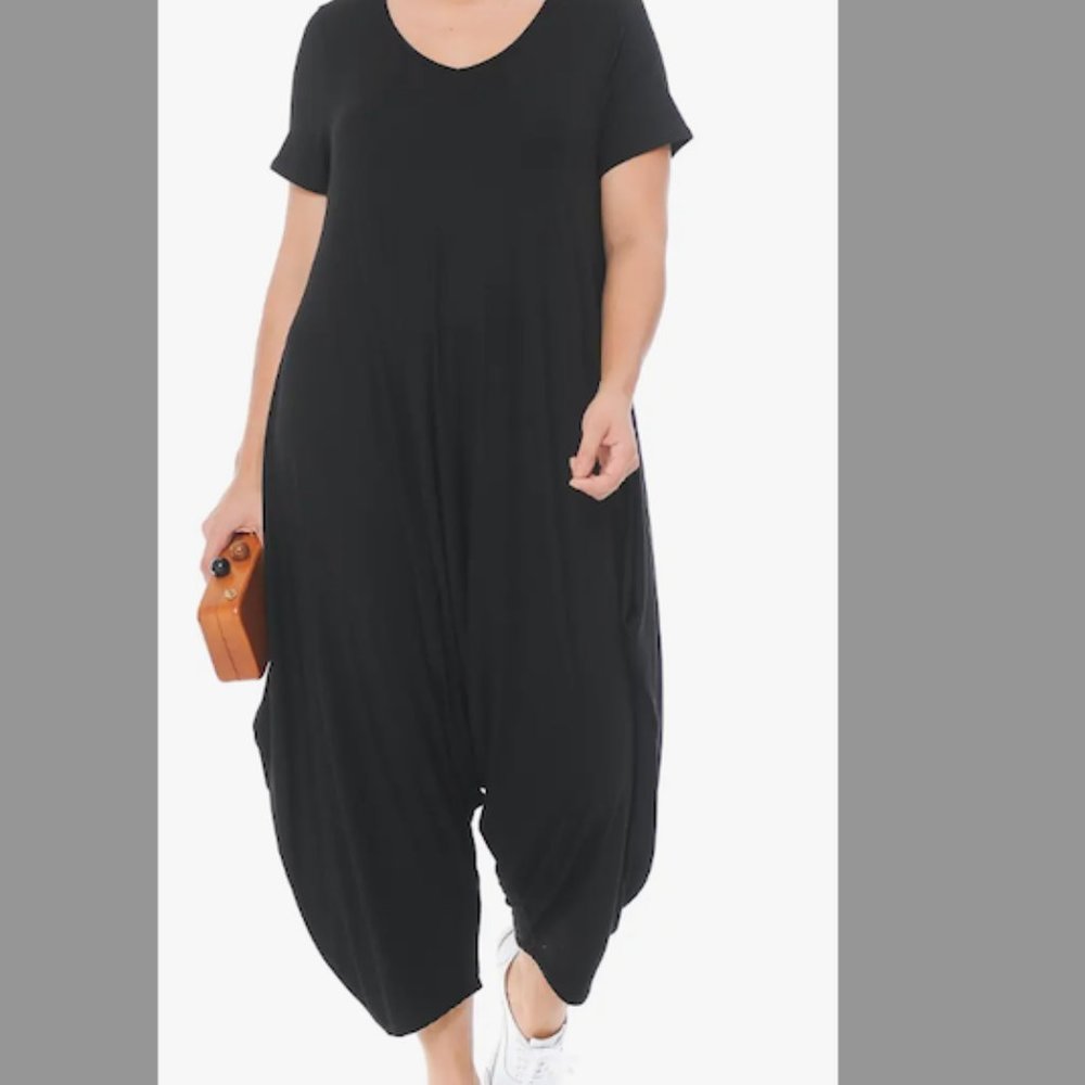 Short Sleeve Harem Jumpsuit PLUS Black